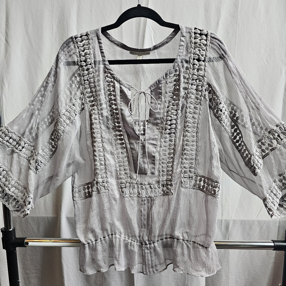Daniel Rainn Light Gray Sheer Blouse with Lace Details